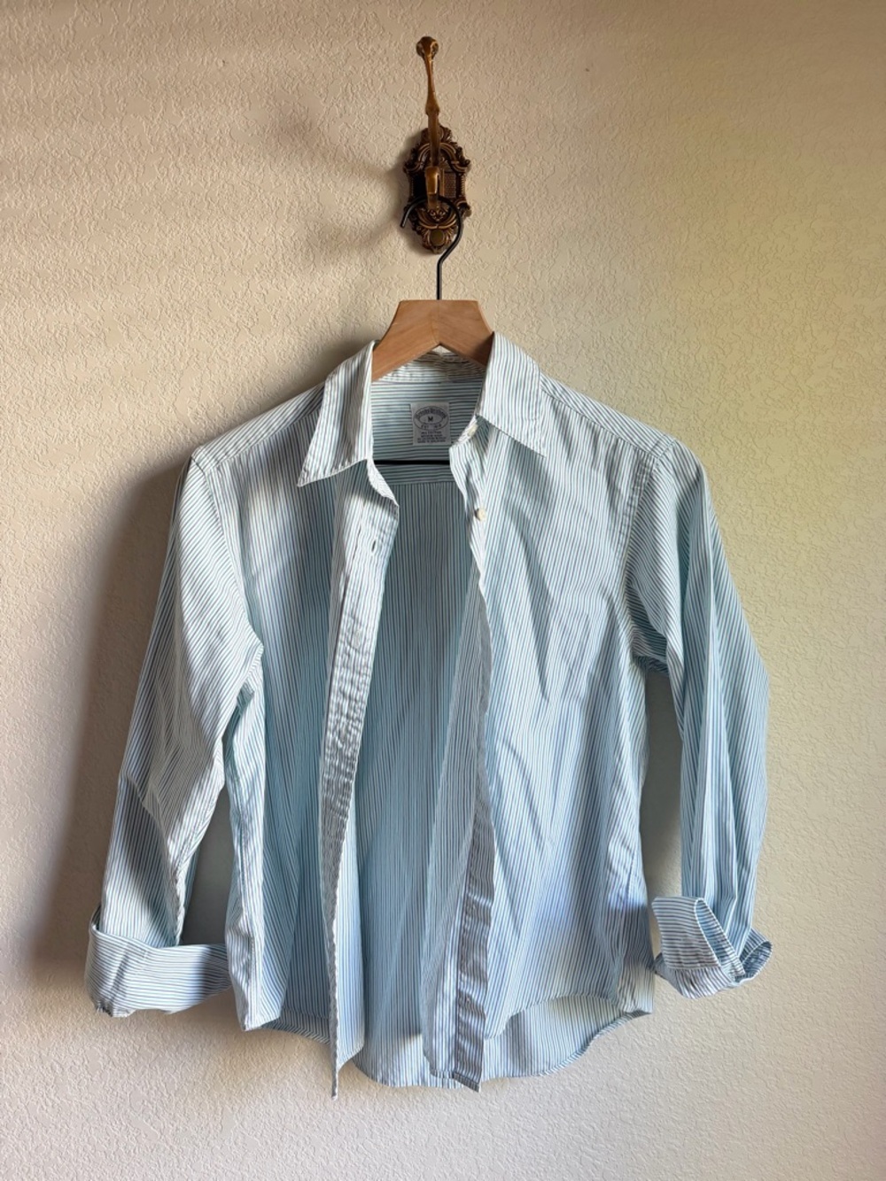 Brooks Brothers Women's Light Blue and Green Striped Button-Down Shirt